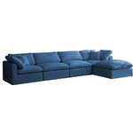 Meridian Furniture - Plush Velvet / Down Standard Comfort L-Shaped Modular Sectional, Navy, 5-Piece: 2 Armless Chair, 2 Corner Chair, 1 Ottoman - No matter how big or little the size of your gang, they can all find their sweet spot when you choose pieces from the Plush collection to build your ideal seating group. Choose this five-piece set or pair multiple pieces together to get the custom look everyone will love. The soft navy velvet material is soft and welcoming to the touch, and the set's cushions are overstuffed with a down and feather blend to provide ample support for tired bodies.