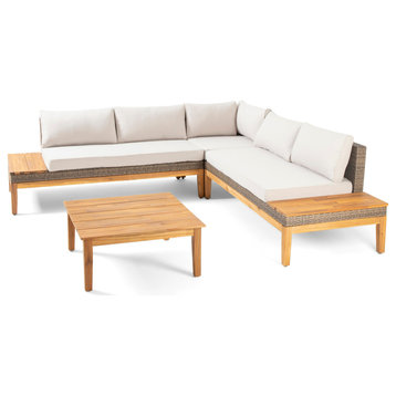 Samuel Outdoor Acacia Wood and Wicker 5 Seater Sectional Sofa Set, Teak/Light Kh
