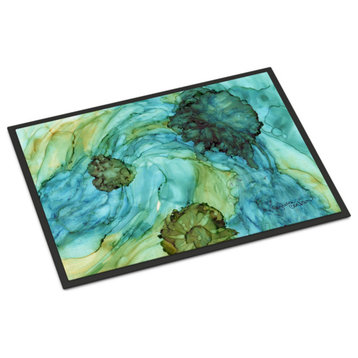 8952Mat Abstract In Teal Flowers Indoor Or Outdoor Mat, 18x27", Multicolor