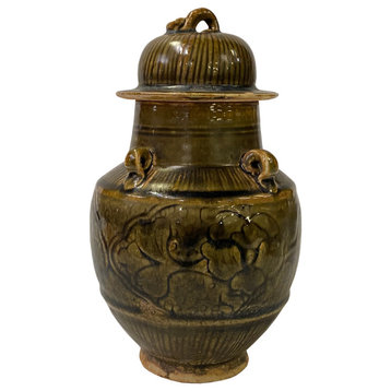 Chinese Ware Brown Glaze Pattern Ceramic Jar Vase Display Art ws3021