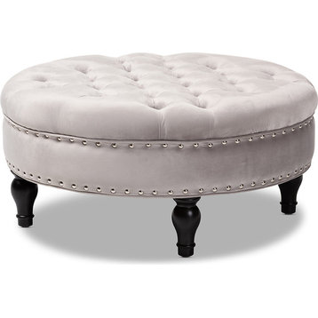 Palfrey Transitional Grey Velvet Fabric Upholster Button Tufted Cocktail Ottoman