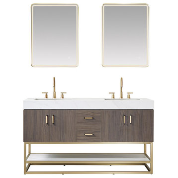 Toledo Vanity, White Stone Sink Top, Dark Walnut, 60" Dual Sink, With Mirror