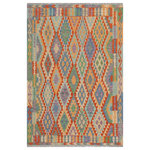 Bareens Designer Rugs - Southwestern Turkish Kilim Zhang Hand-Woven Wool Rug - 5'0'' x 6'4'' - Elevate the elegance of your home with this stunning hand-woven tribal Kilim wool rug. Meticulously crafted on a loom by the Nomad Turkman people using hand-spun wool and 100% natural vegetable dyes, these rugs are recognized for their repetitive geometric patterns, incorporating naturalistic floral and traditional designs. The contemporary fashion palette results in bold, sharp patterns that are incredibly versatile, as the pattern is the same on both sides. These reversible rugs feature a lighter shade on one side and brighter colors on the other, providing versatility according to preference. These unique rugs are made by knotting short strands of different colors onto the warps and securing them by tightly pressing the wefts. The designs are created by interweaving the various colored wefts and warps. Kilims are known for their exceptional durability and versatility, making them truly unique rugs.  Product Details    Rug Size: 5'0'' x 6'4''  Material: 100% Wool  Style: Kilim, Flat Weave, Dhurrie, Turkish, Southwestern, Rustic, Tribal  Colors: Blue, Grey  Weave Type: Hand-Woven, Handmade  Pile Height: Less than 0.25 inch