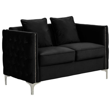 Bayberry Velvet Tufted Loveseat with 2 Pillows and Tufting, Black