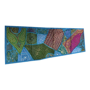 Mogul Interior - Consigned Blue Sari Patchwork Sequin Embroidered Tapestry - Table Runners