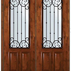 Pre-hung Double Door 96 Alder Valencia 2 Panel 2/3 Lite Wrought Iron - Front Doors