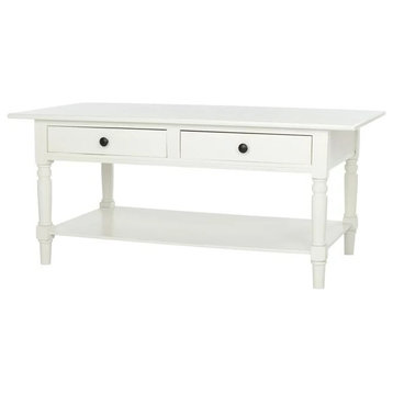 Traditional Coffee Table, Spindle Legs With Shelf and 2 Drawers, Distressed Cream