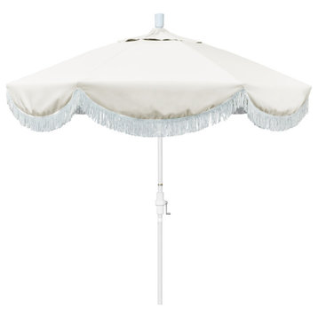 9' Matte White Surfside Patio Umbrella With Ribs and White Fringe, Natural