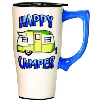 Happy Camper Ceramic Travel Mug with Lid 16 Ounce Coffee Tea Latte