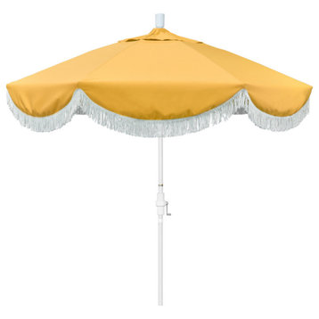 9' Matte White Surfside Patio Umbrella With Ribs and White Fringe, Buttercup