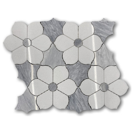 Thassos & Gray Marble Waterjet Magnolia Flower Accent Tile Polished, 1 sheet