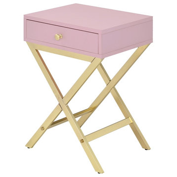 Bowery Hill 1 Drawer Modern Metal/Wood Side Table in Pink/Gold