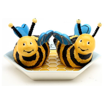 Bee Hive Salt and Pepper Shakers With Plate, Set of 2