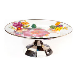 Flower Market Enamel Small Pedestal Platter -White | MacKenzie-Childs - Serving Dishes And Platters