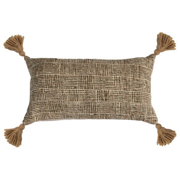Woven Cotton Blend Lumbar Pillow With Tassels and Chambray Back, Multi Color