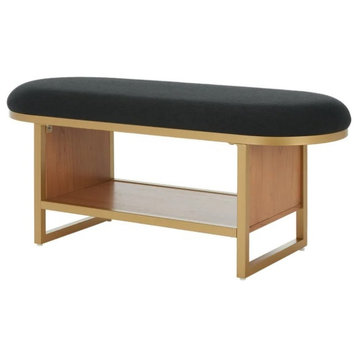 Accent Bench, Gold Frame With Open Wooden Shelf & Oval Cushioned Seat, Black