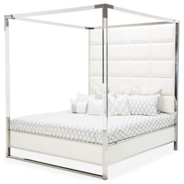 State St. Queen Canopy Bed - Satin White/Stainless Steel