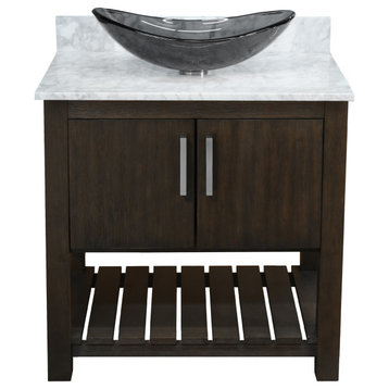 30" Vanity with Carrara White Marble Counter, Drain, Mounting Ring and P-Trap, Brushed Nickel, Without Mirror
