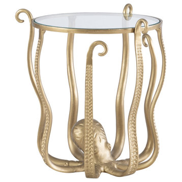Unique Side Table, Octopus Shaped Aluminum Base With Round Clear Glass Top, Gold