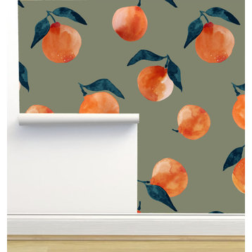 Green Watercolor Clementines Wallpaper by Erin Kendal, Sample 12"x8"