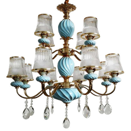 Isabelle Jean 12 Light French Gold Vintage Maya Blue Ceramic K9 AAA Chandelier