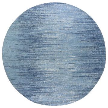 Blue Oceanic Zero Pile Pure Wool Ombre Design Round Hand Knotted Rug, 9'0"x9'0"