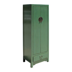 Oriental Distressed Gray Celadon Green Slim Storage Cabinet - Armoires And Wardrobes