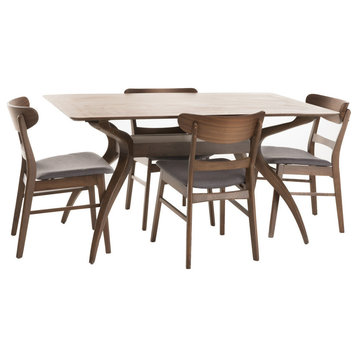 GDF Studio Mid-Century Modern 5 Piece Dining Set, Natural Walnut/Dark Gray