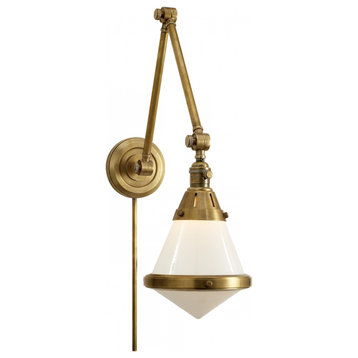 Gale Library Wall Sconce, 1-Light Hand-Rubbed Antique Brass, White Glass, 21.5"H