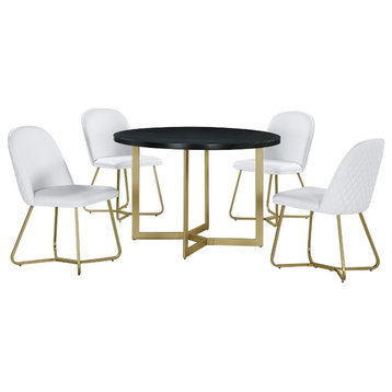 Round 45 x 45 5pc Dining Set with Black Wood Top and White Faux Leather Chairs