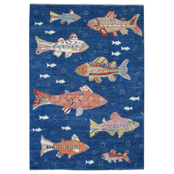 Navy Blue Afghan Peshawar Oceanic Colorful Fish Design Pure Wool Rug, 6'2"x9'