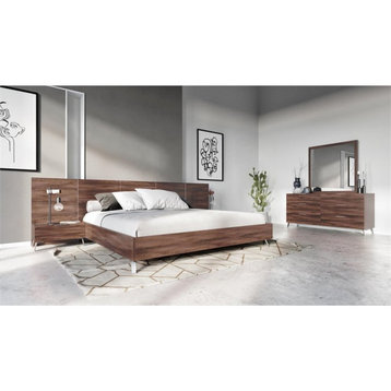 Modrest Brooklyn 112x83" Modern Laminate Wood & Metal Queen Bed in Walnut