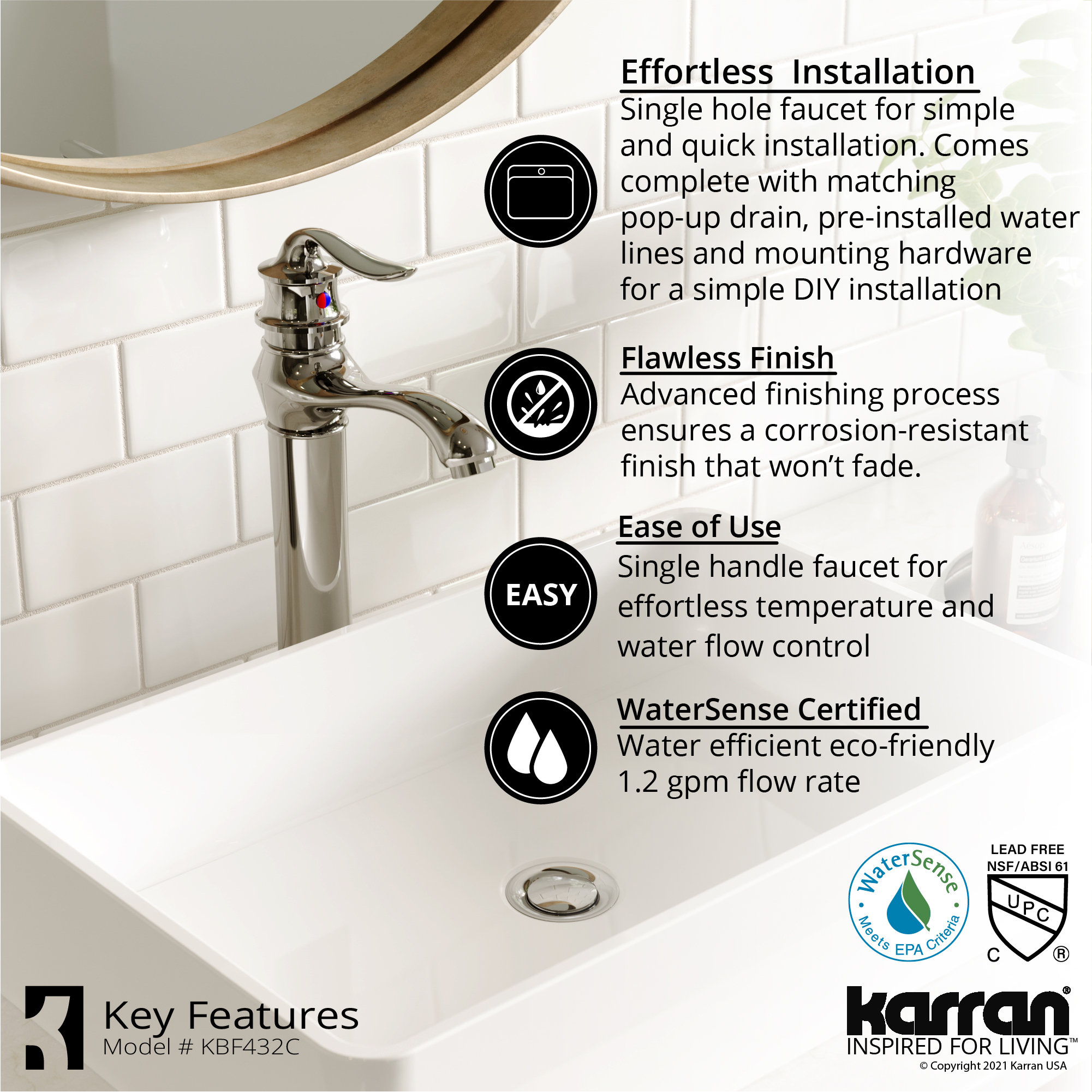 Karran KBF432 1-Hole 1-Handle Vessel Faucet With Pop-up Drain, Chrome