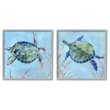 Abstract Blue Green Sea Turtles Deep Sea Coral,24 x 24
