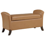 OSP Home Furnishings - Coborn Storage Bench, Camel Faux Leather With Gray Legs - Offer the perfect storage solution to any guest room or entry. An ideal place to sit and put on shoes, store pillows and throws or simply create a beautiful finishing touch to your bedroom. Durable soft-close hinge will keep fingers safe and padded faux leather upholstery make this storage bench the beautiful choice.  Simple assembly.