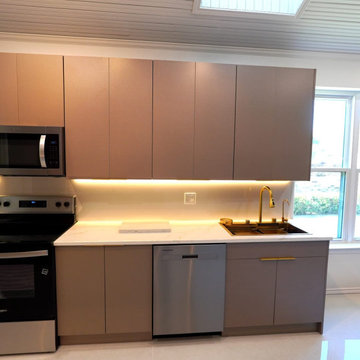 Modern Taupe Kitchen with Built-In Wine Bar