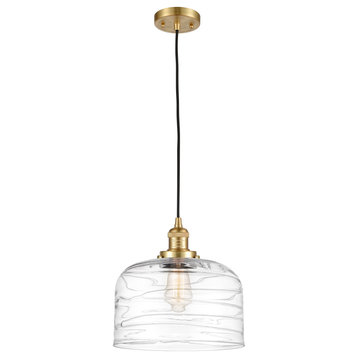 X-Large Bell 1 Light Mini Pendant, Satin Gold, Clear Deco Swirl