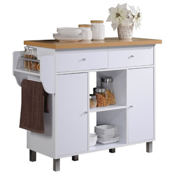 Pemberly Row Contemporary Wood Kitchen Cart w/Spice Rack & Towel Holder in White