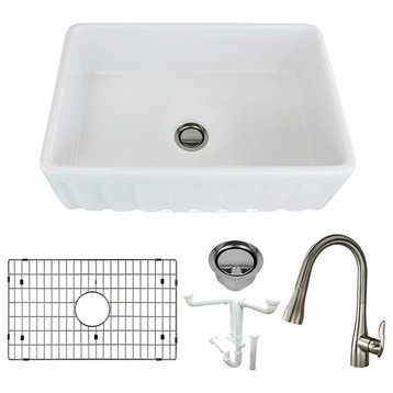 Transolid Covington 30" Farmhouse Kitchen Sink With Faucet, Grid and Strainer