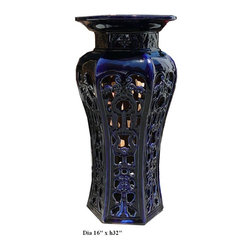Ceramic Clay Navy Blue Round Tall Pedestal Stand - Side Tables And End Tables