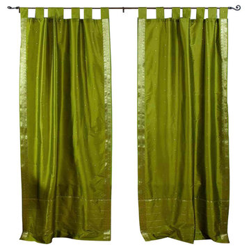 Lined-Olive Green  Tab Top  Sheer Sari Curtain / Drape  - 43W x 120L - Pair