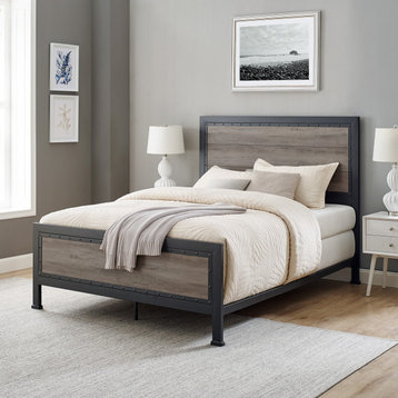 Queen Size Industrial Wood and Metal Bed, Gray Wash