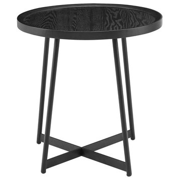 Contemporary Side Table, Crossed Base With Round Wood Top, Black Ash Finish