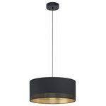 EGLO - Esteperra 3-Light 21" Pendant, Black, Black Exterior/Gold Interior Shade - The Esteperra three light hanging pendant features a circular ceiling plate in a black finish, holding a drum shaped, black decorative fabric shade with gold lining. This stunning design will be a striking display for modern or contemporary decors. The pendant also features a gold design around the black exterior of the shade. The black hanging cord is fully adjustable for various hanging positions.