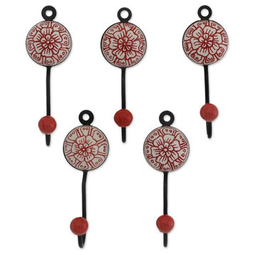 Floral Muse, Red Ceramic Coat Hangers, Set of 5