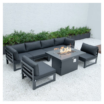 Chelsea Outdoor 7-Piece Aluminum Conversation Set With Fire Pit Table, Black