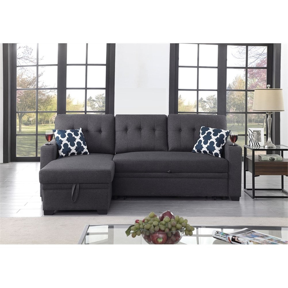 Reversible Fabric Sleeper Sofa Bed & Chaise with Cup Holder-Dark Gray ...