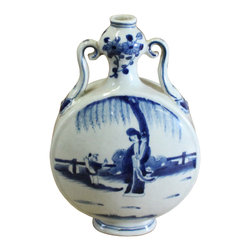 Chinese Blue White Porcelain People Graphic Flat Body Vase - Vases