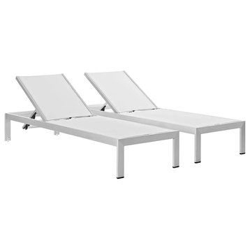 Set of 2 Patio Chaise Lounge, Silver Aluminum Frame With Mesh Seat & Back, White