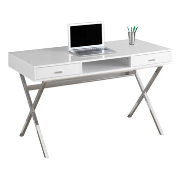 Monarch 48" Modern Writing Desk in Glossy White and Silver